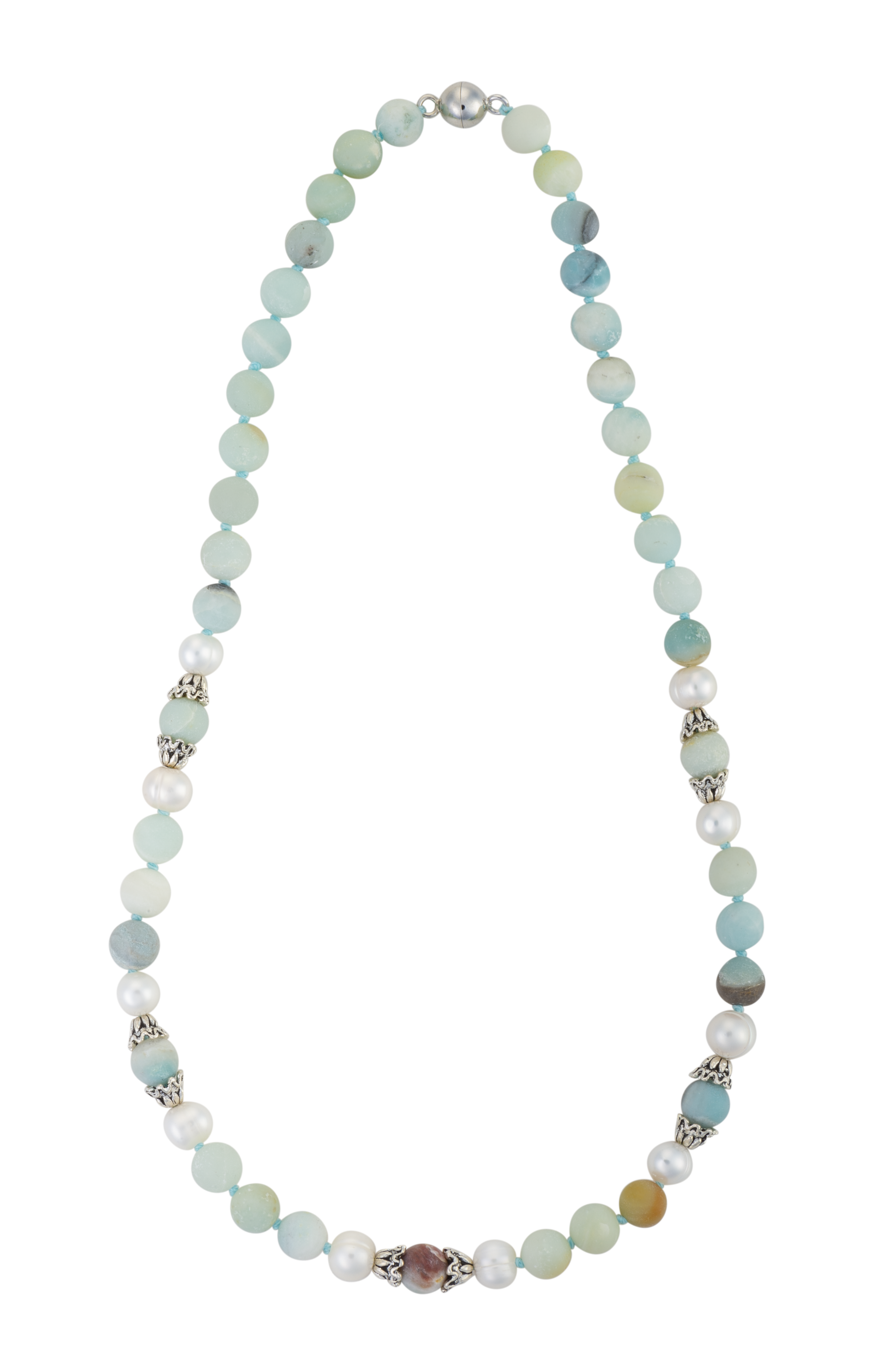 A necklace featuring amazonite stones, white freshwater pearls, and silver-tone decorative beads on a silk strand with a magnetic clasp.