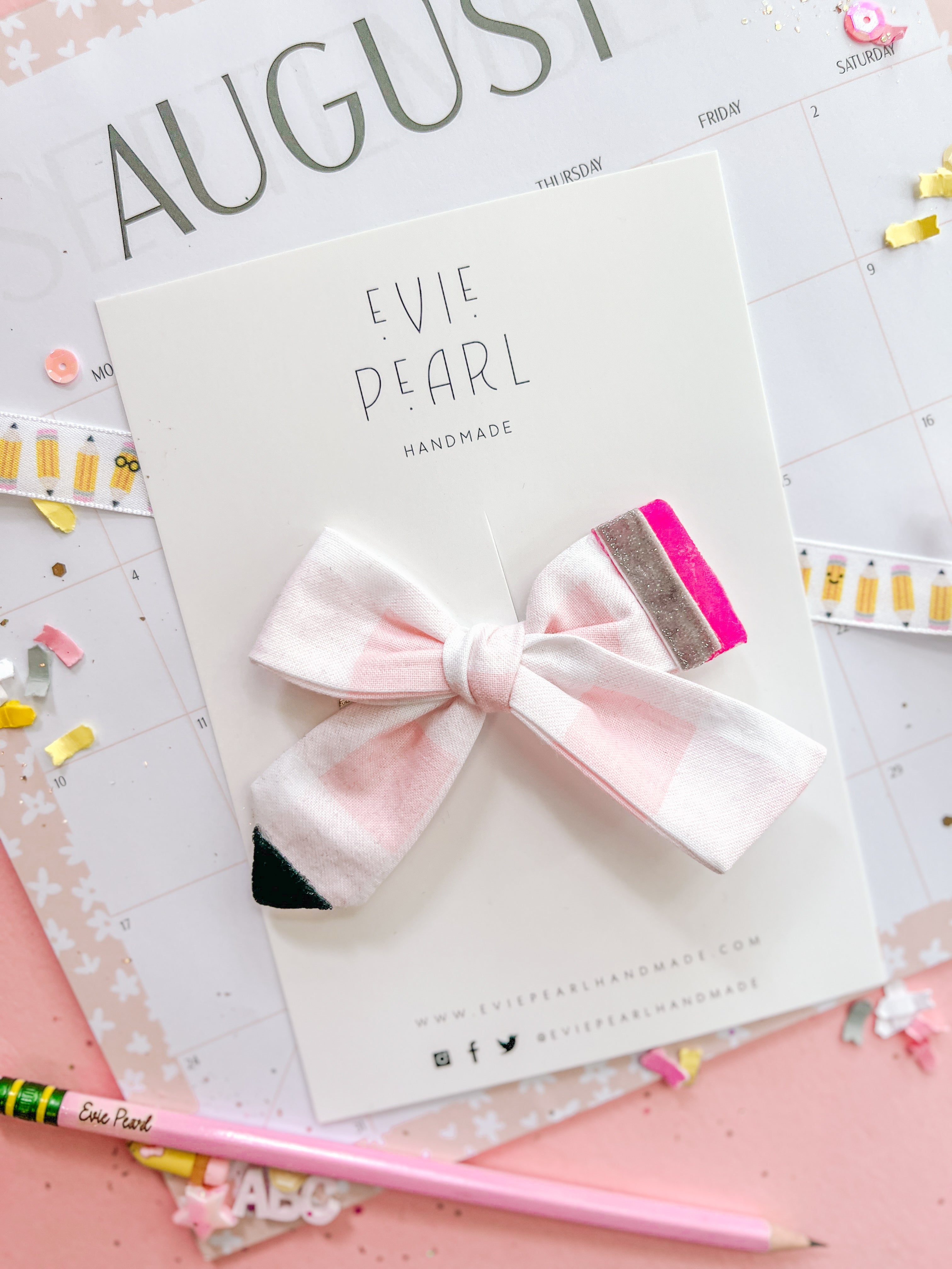 Pink Gingham Pencil Medium Hair Bow