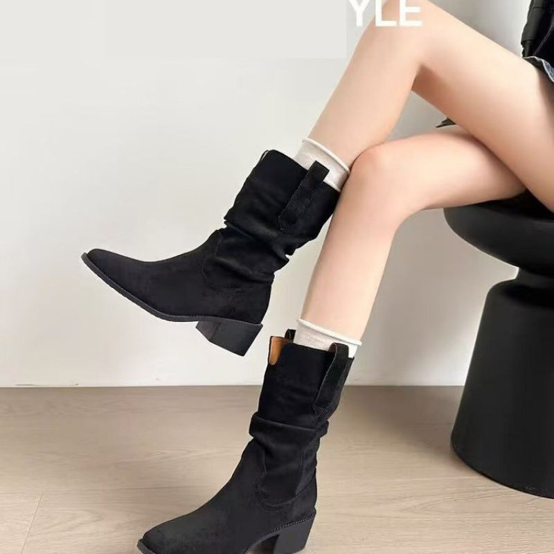 Autumn Western Pleated Short Cowhide Leather Boots for Women