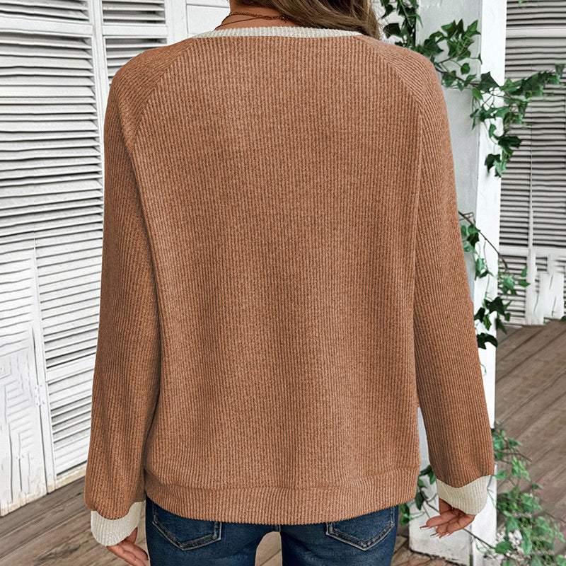 Women’s Color-Block V-Neck Pullover Long Sleeve Knit Sweater - Image 2