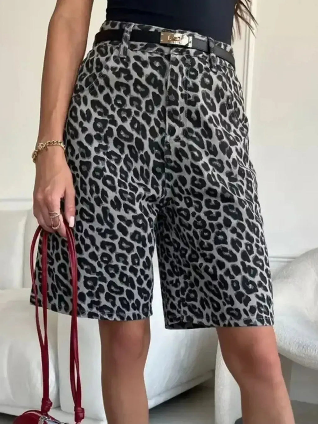 Leopard Print High-Waisted Casual Shorts