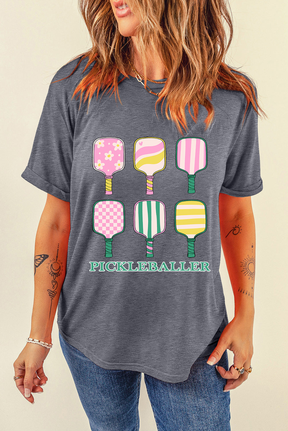Gray Pickleball Heat Transfer Print Casual T-Shirt