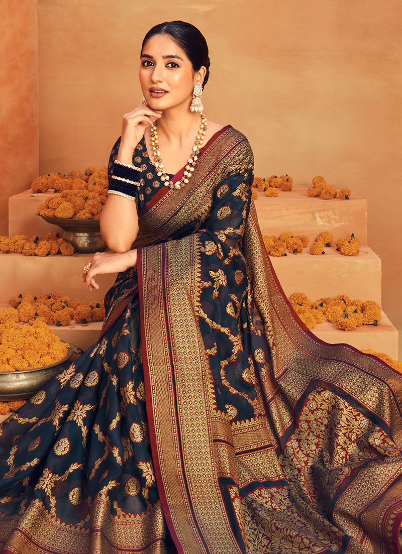 Navy Blue Georgette Woven Festival Designer Saree