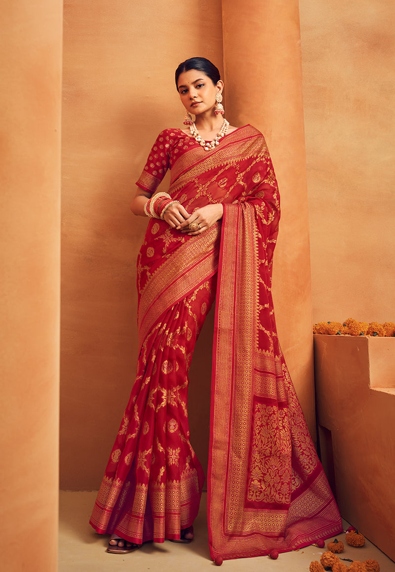 Red georgette festival saree with intricate zari woven work