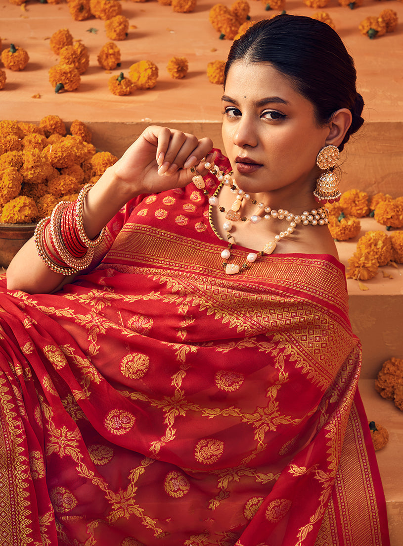 Red Georgette Woven Zari Festival Designer Saree