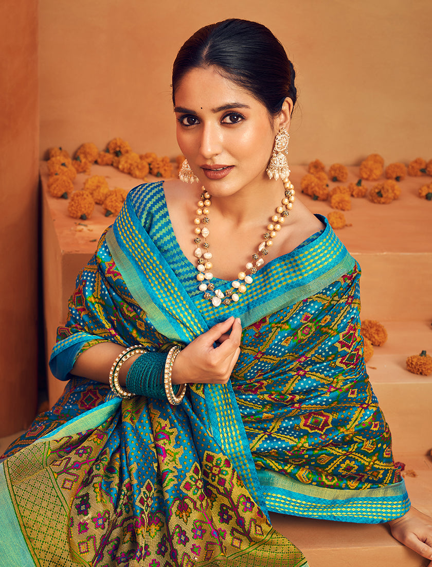 Aqua Blue Georgette Printed Saree for Festival Occasions