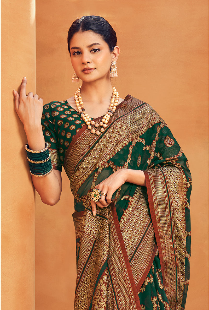 Dark Green Georgette Woven Festival Designer Saree