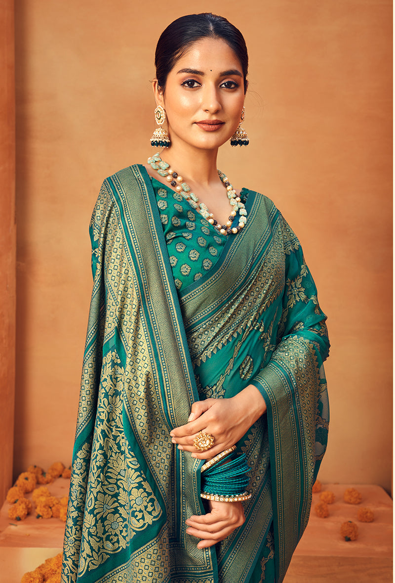 Teal Georgette Woven Designer Festival Saree