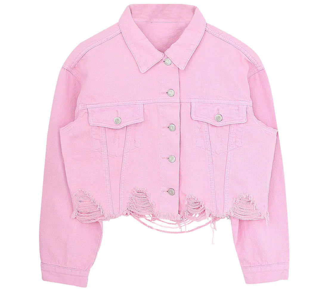 Women's Cropped Distressed Denim Jacket in Ghost Pink - Image 5