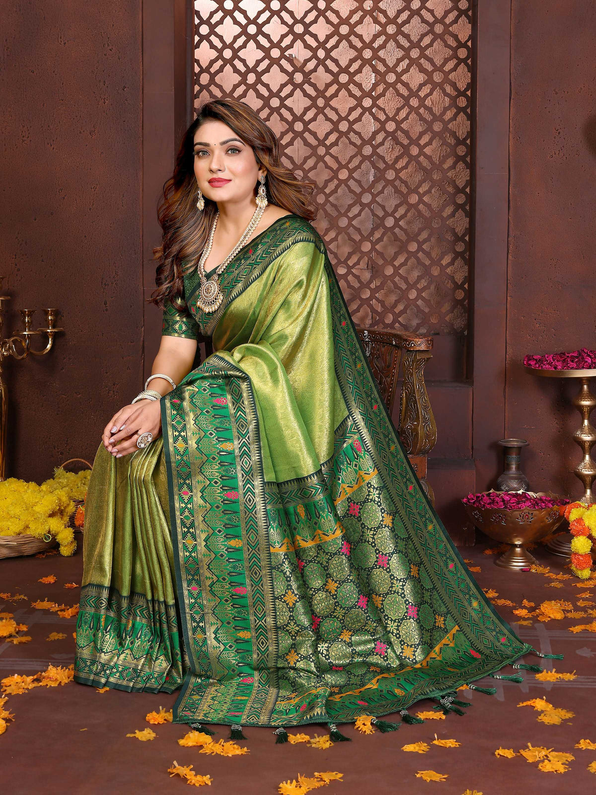 Pista Tissue Silk Weaving Saree with Matching Blouse