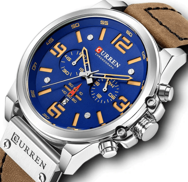 Retro Waterproof Chronograph Watch with Leather Strap & Steel Case