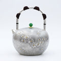Pure 999 Fine Silver Handcrafted Sterling Silver Teapot with Floral Reliefs and Green Gemstone Knob - Handicraft