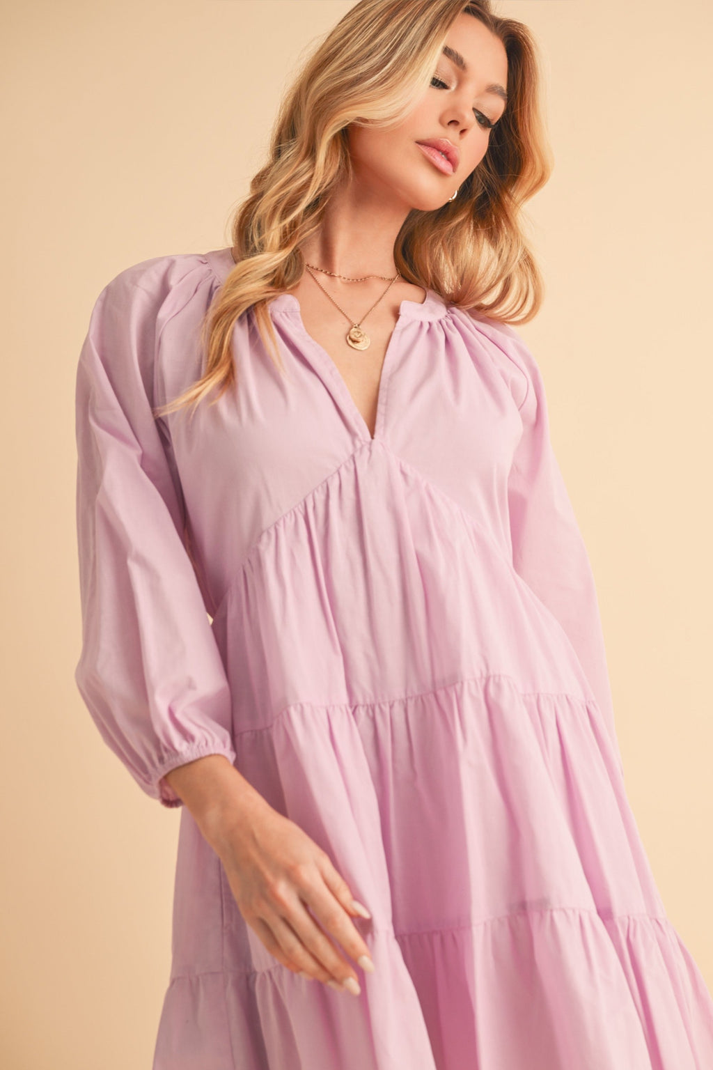 Lavender Cotton Tiered Mini Dress with Notched Balloon Sleeves