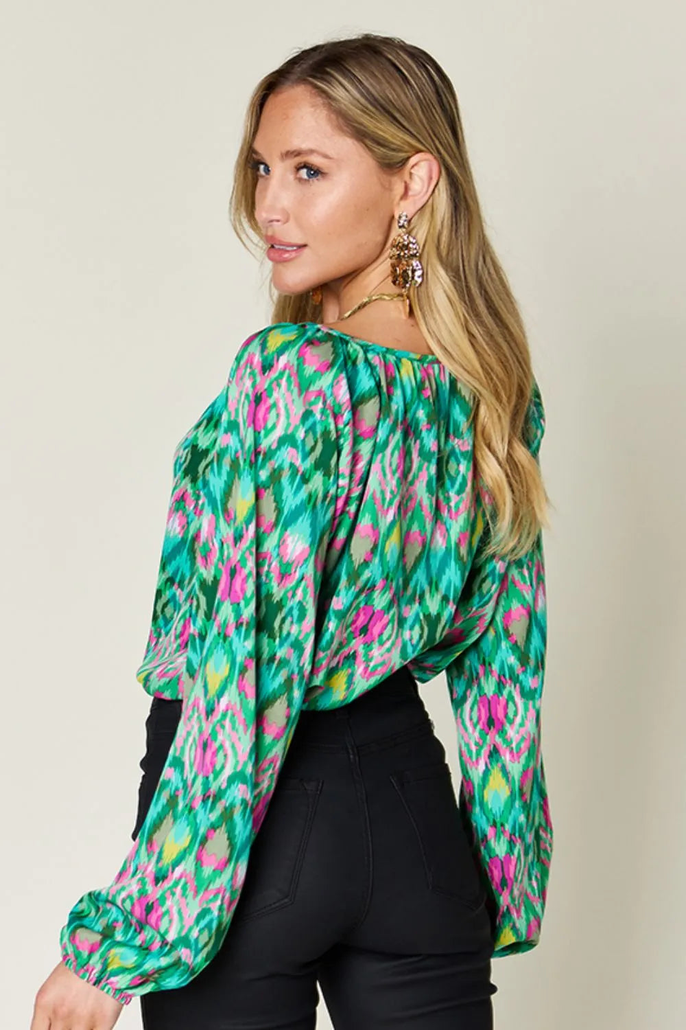 Printed Balloon Sleeve Blouse | Geometric V-Neck Chiffon Top