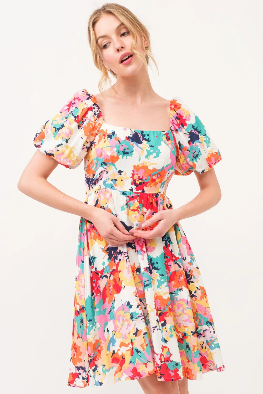 Square Neck Puff Sleeve Floral Mini Dress | A-Line