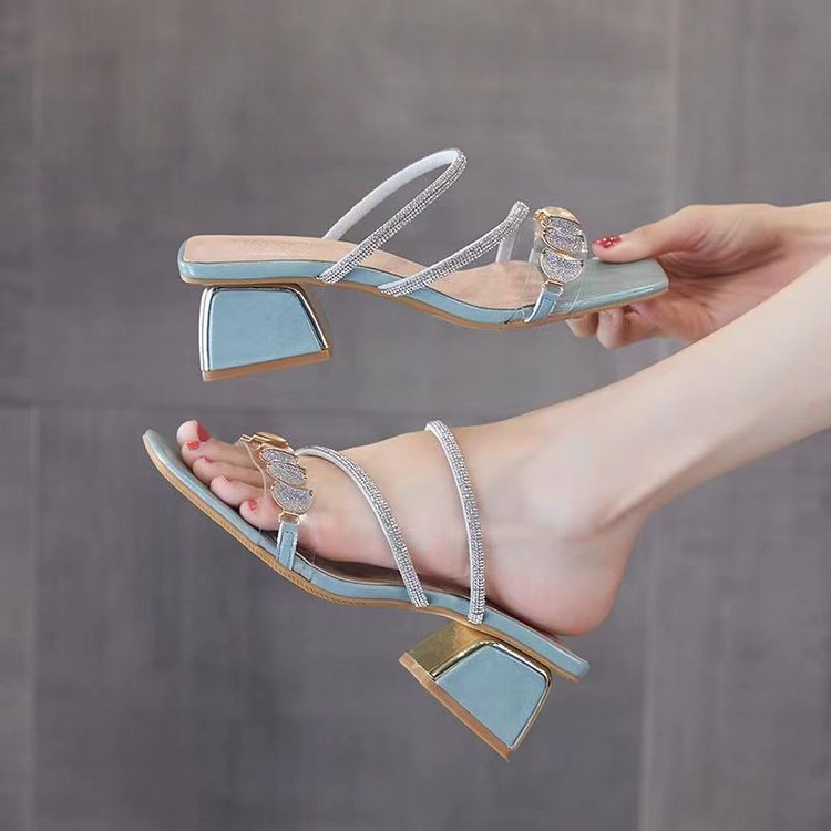 Women's Rhinestone Square Toe Mid Chunky Heel Slide Sandals - Image 3