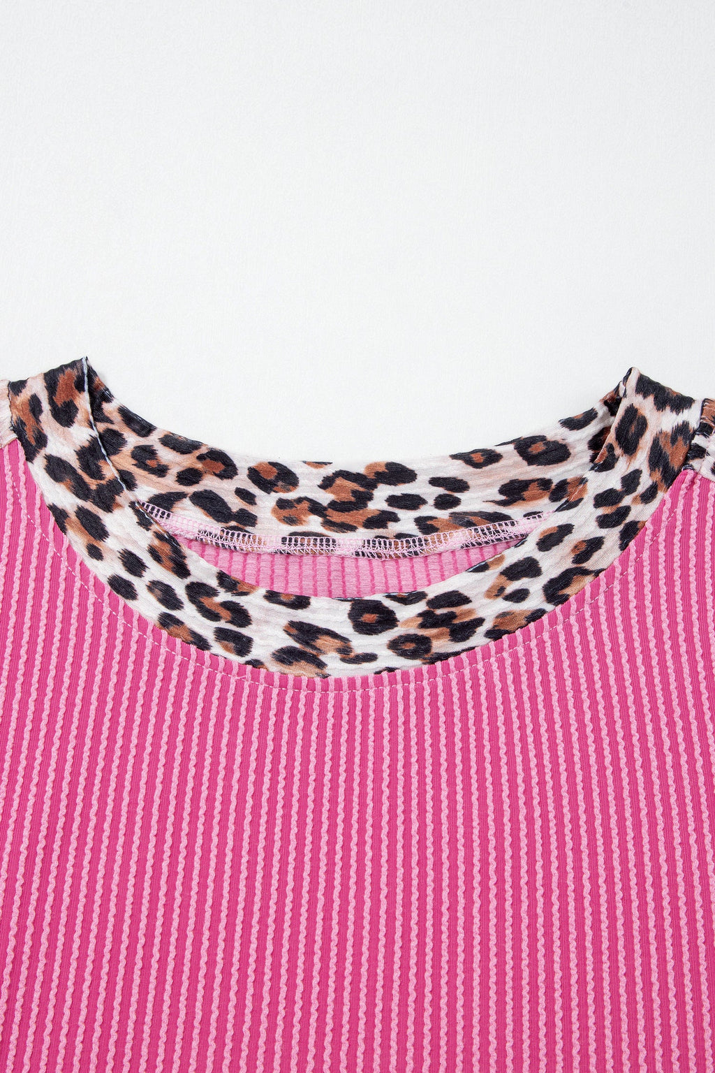 Pink Leopard Trim Corded Knit Top & Shorts Lounge Set