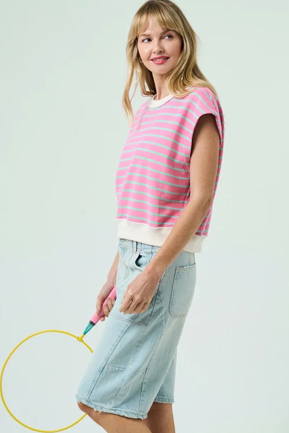 Sachet Pink Striped Crew Neck Cap Sleeve T-Shirt