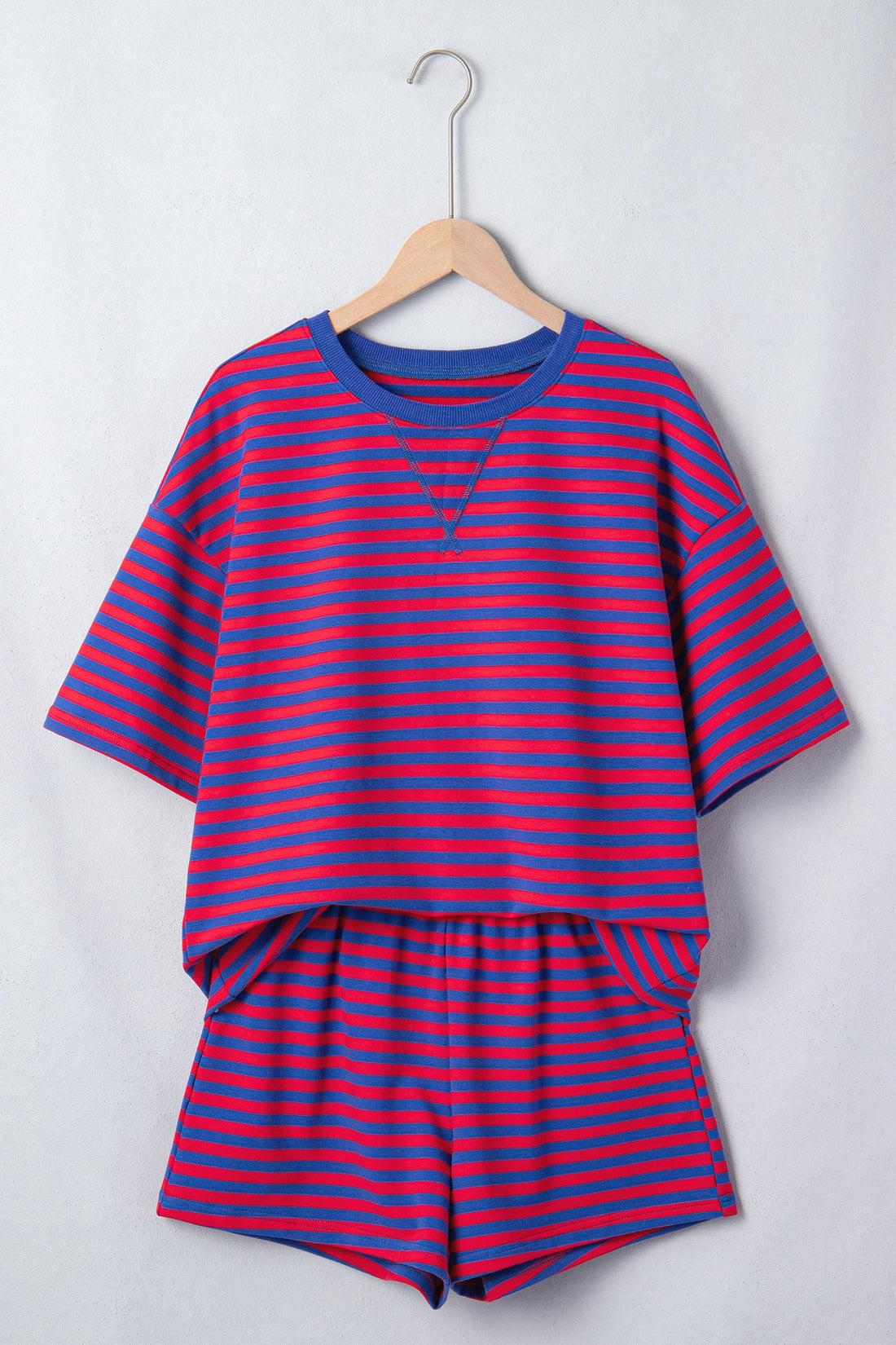 Red and Blue Striped Short Sleeve Top and High Waist Shorts Set - Image 2