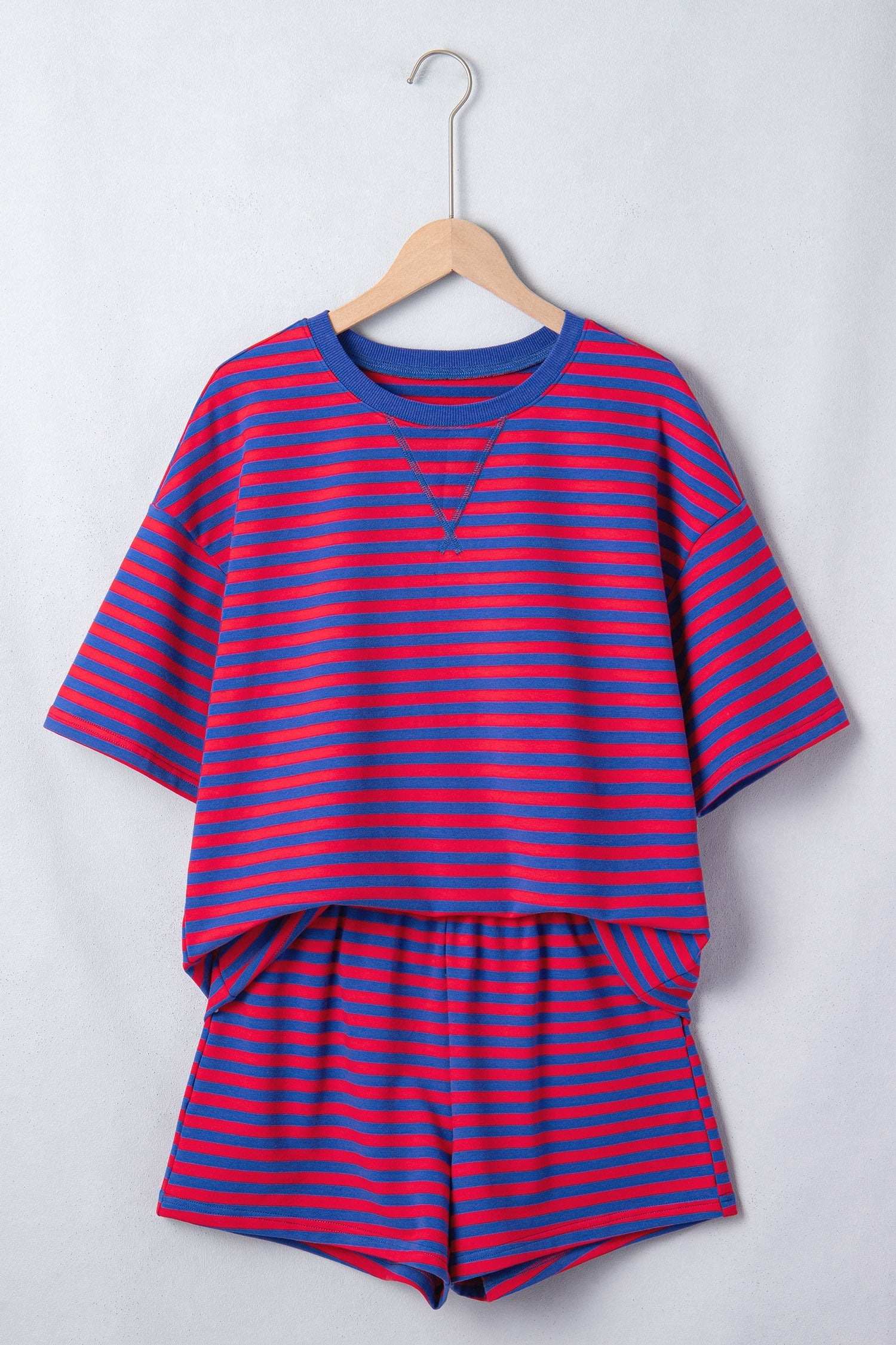 Red and Blue Striped Short Sleeve Top and High Waist Shorts Set - Image 2