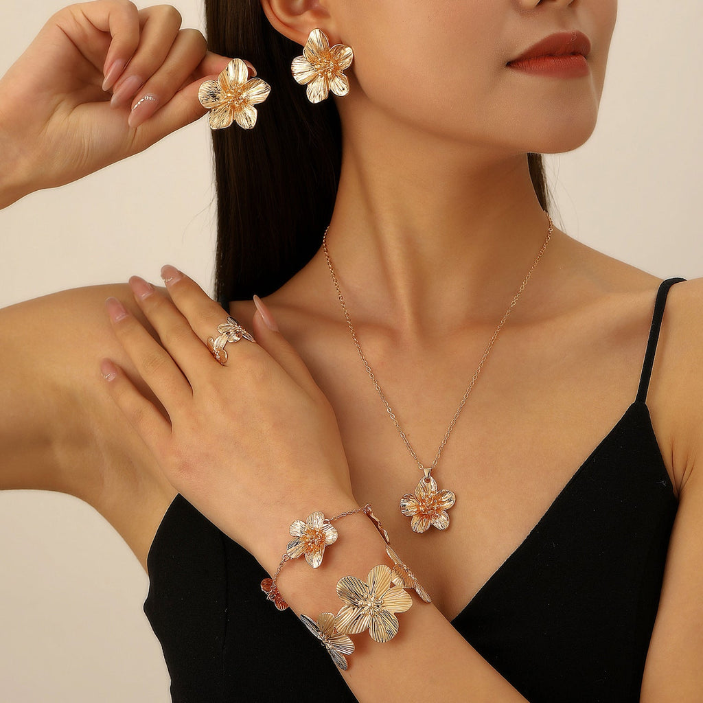 European And American Cross-Border Jewelry Pleated Texture Design Flower Earrings Necklace Bracelet Anklet Ring Bracelet Set For Women