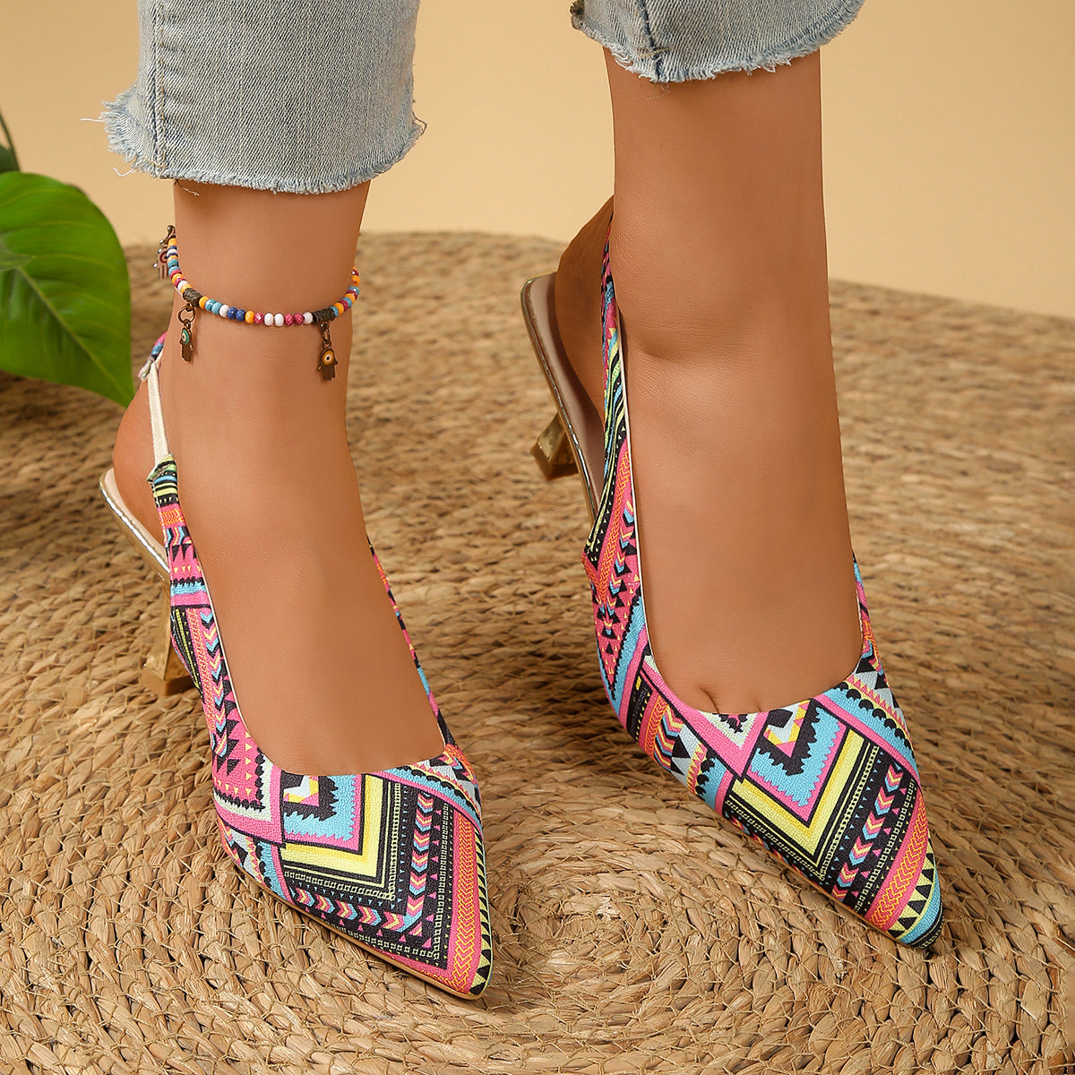 Women's Boho Geometric Print Slingback Stiletto Heels Pointed Toe