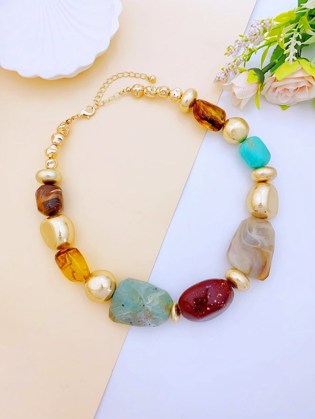Irregular Acrylic Statement Necklace with Gold Metallic Beads