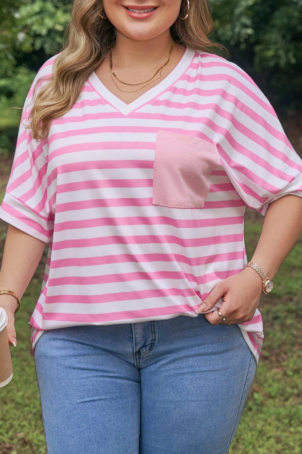 Stripe Colorblock V-Neck Tee with Patched Pocket