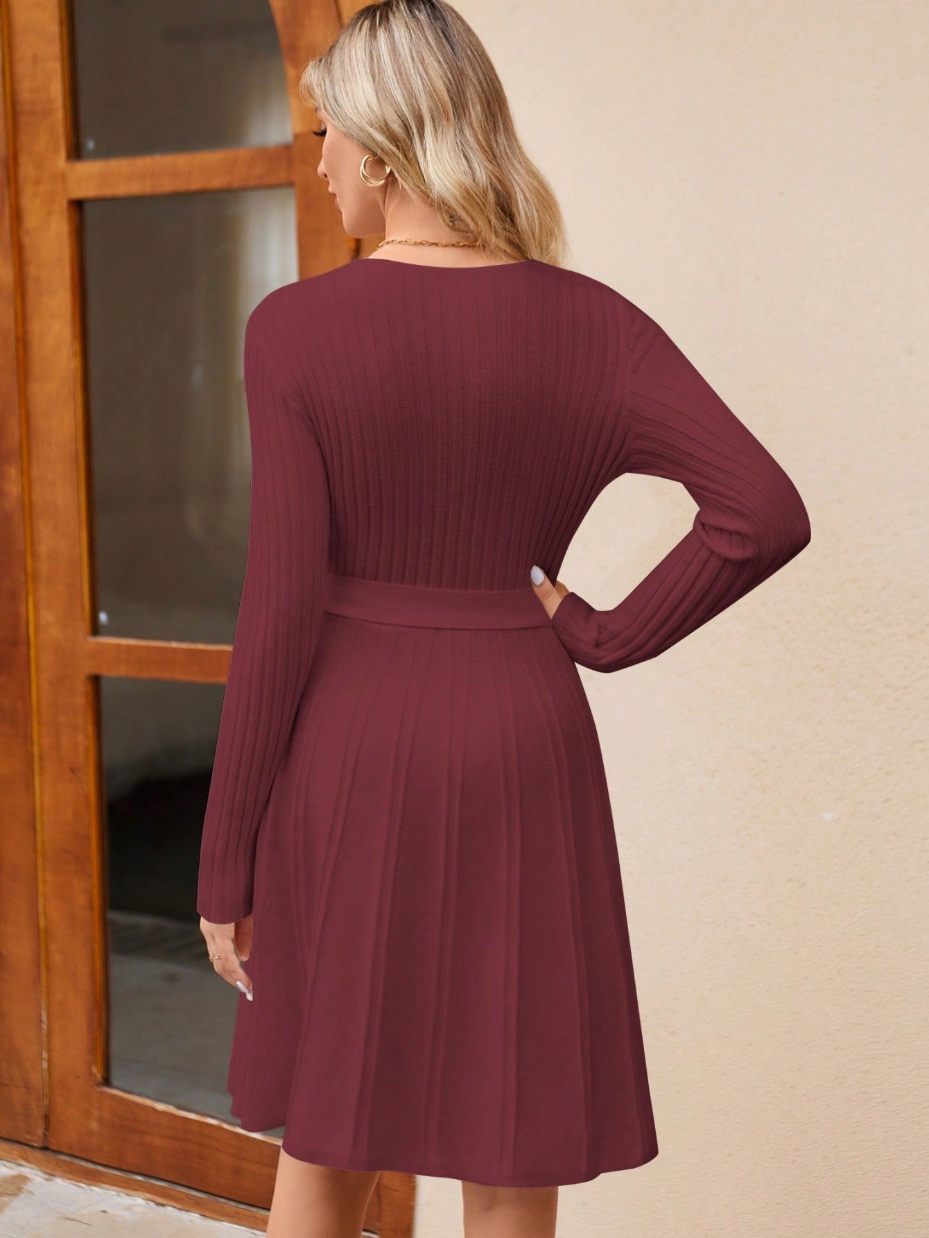 Women's Long Sleeve Ribbed Knit Wrap A-Line Mini Dress - Image 4