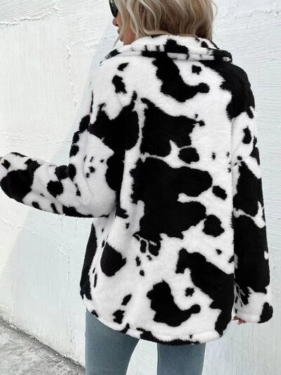 Black and White Cow Print Fuzzy Collared Button Up Jacket
