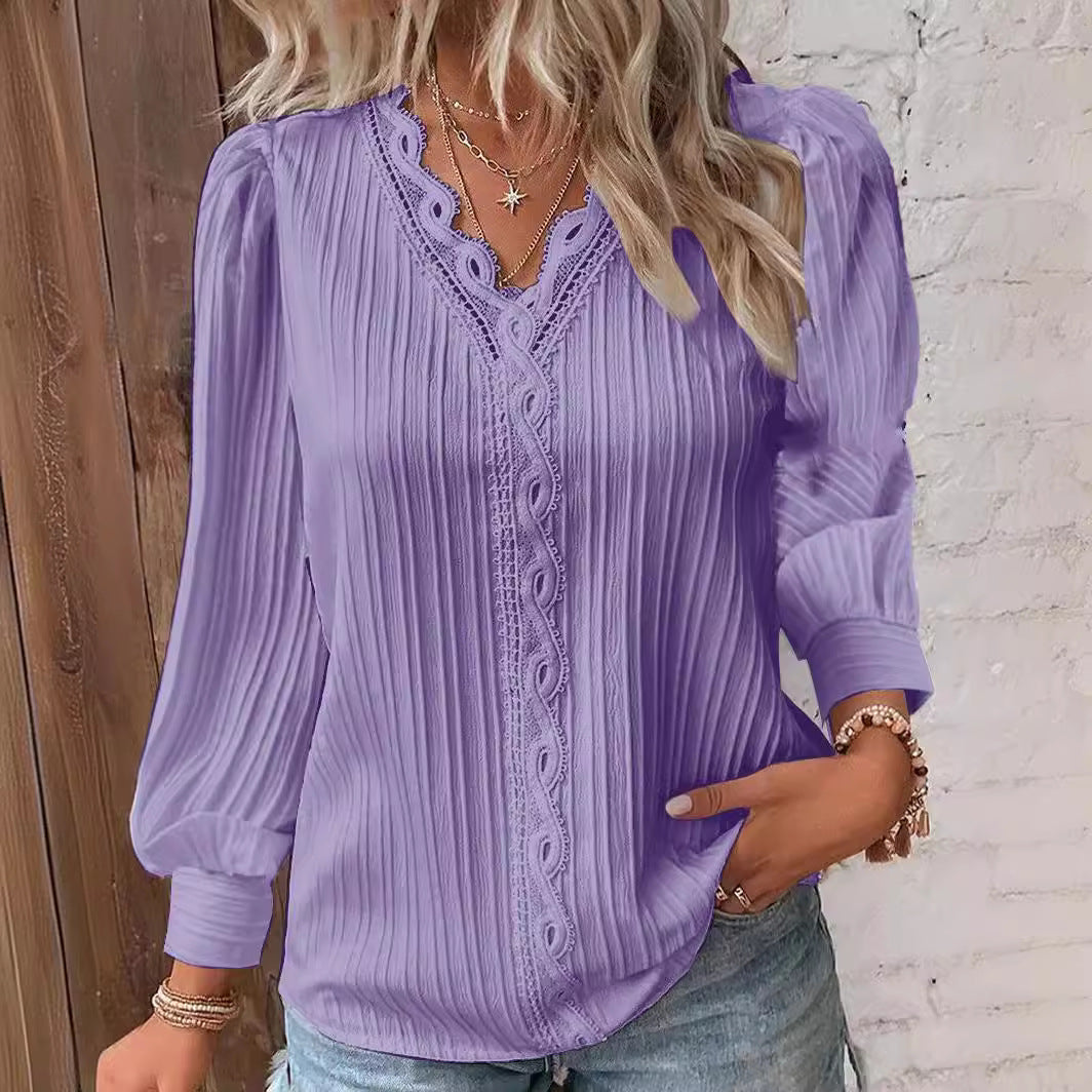 Women White Lace Trim V-Neck Blouse Long Puff Sleeve Shirt