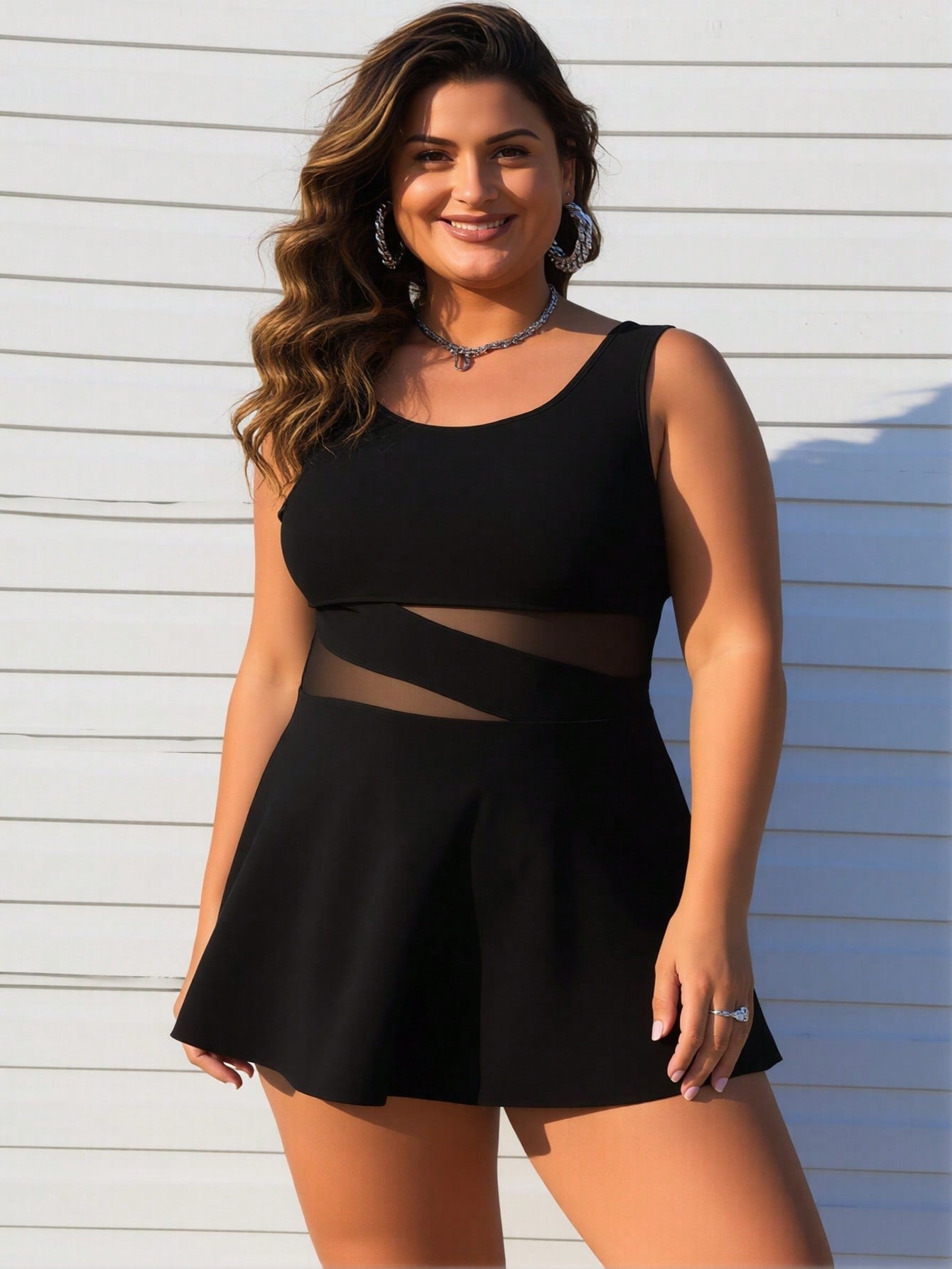 Black Swimdress with Mesh Cutout Waist and Flared Skirt