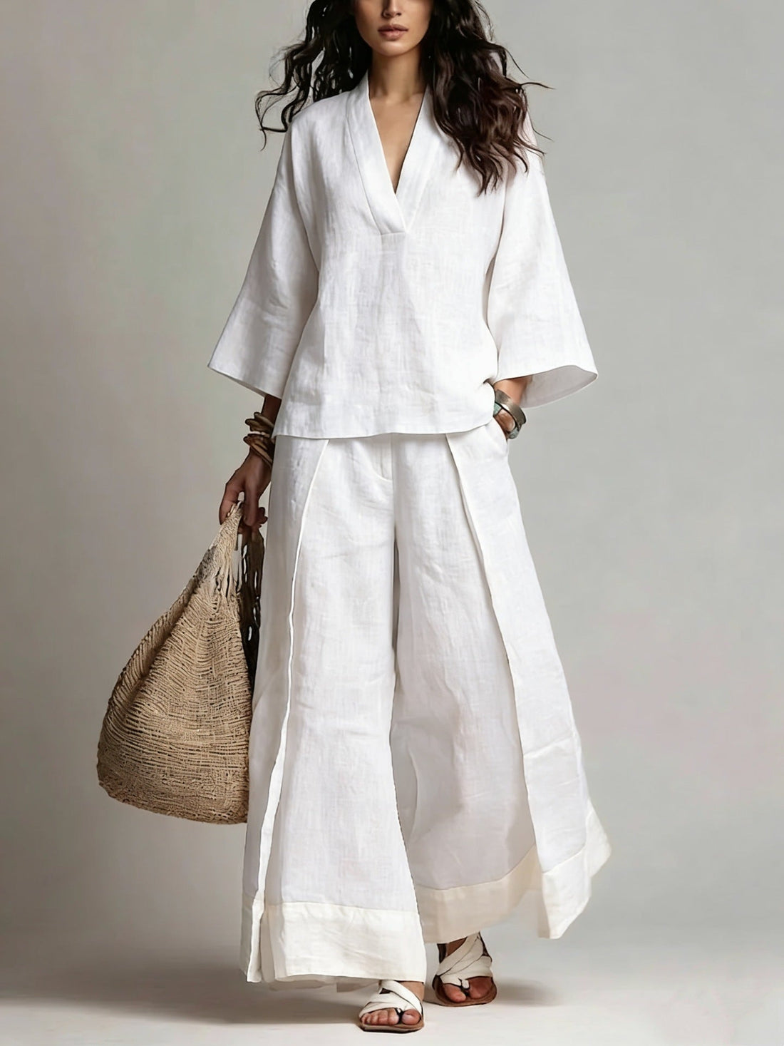 Cotton-Linen V-Neck Two-Piece Set: Wide-Leg Pants & 3/4 Sleeve Top