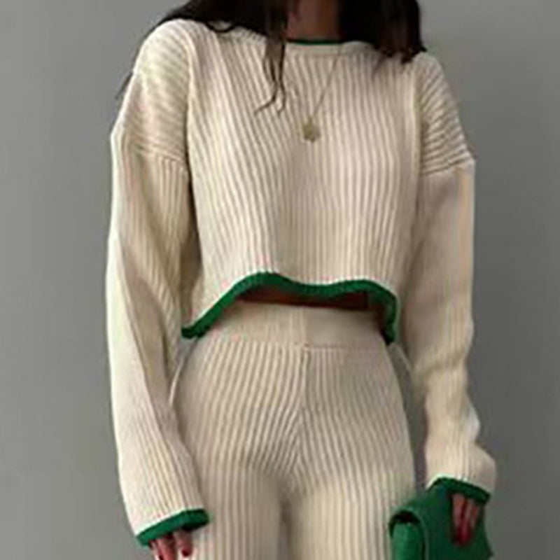 Women's Casual Ribbed Color-Block Two-Piece Crop Top & Pant Set - Image 2