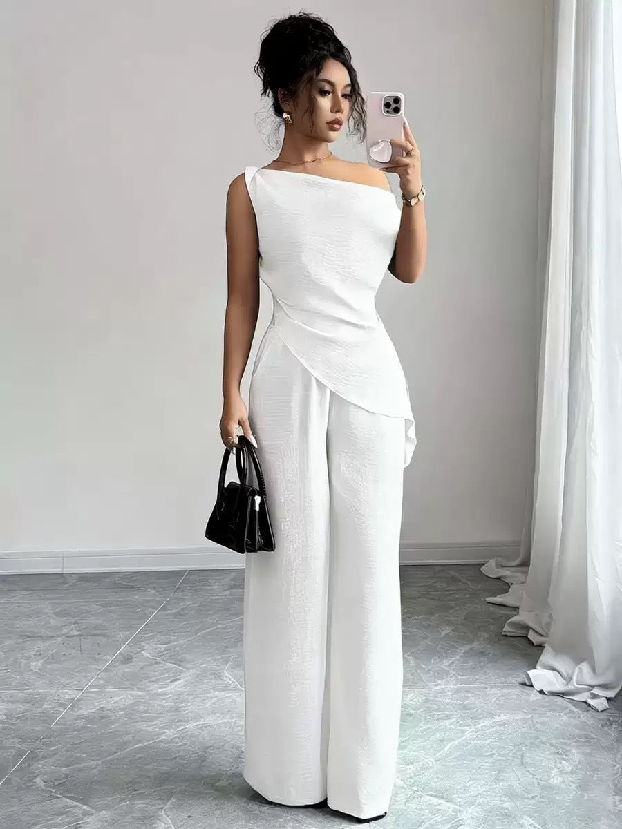 One-Shoulder Asymmetric Top & Wide-Leg Pants 2-Piece Co-ord Set