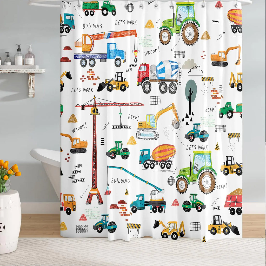 Peopleareok Excavator Kids Bathroom Shower Curtain Tractor Machinery Trucks Shower Curtain Construction Vehicle Boys Shower Curtain Kids Bathroom Shower Curtain Boys Bathroom Decor 72" W x 72" L