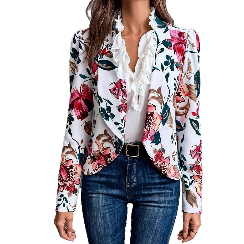 Women Floral Print Ruffle Trim Open Front Casual Blazer Jacket - Image 2