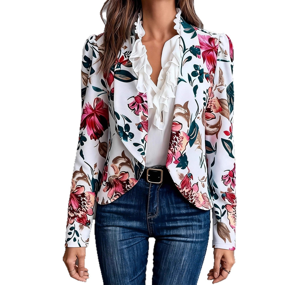 Women Floral Print Ruffle Trim Open Front Casual Blazer Jacket - Image 2