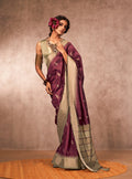 Sophisticated wine-colored Bhagalpuri silk blend saree with contemporary weaving.
