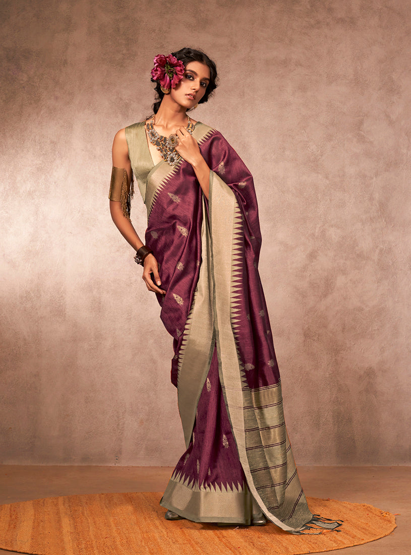 Sophisticated wine-colored Bhagalpuri silk blend saree with contemporary weaving.