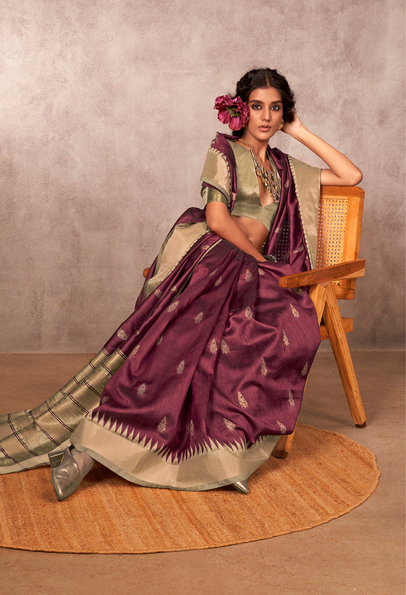 Wine Bhagalpuri Silk Blend Contemporary Saree with Weaving