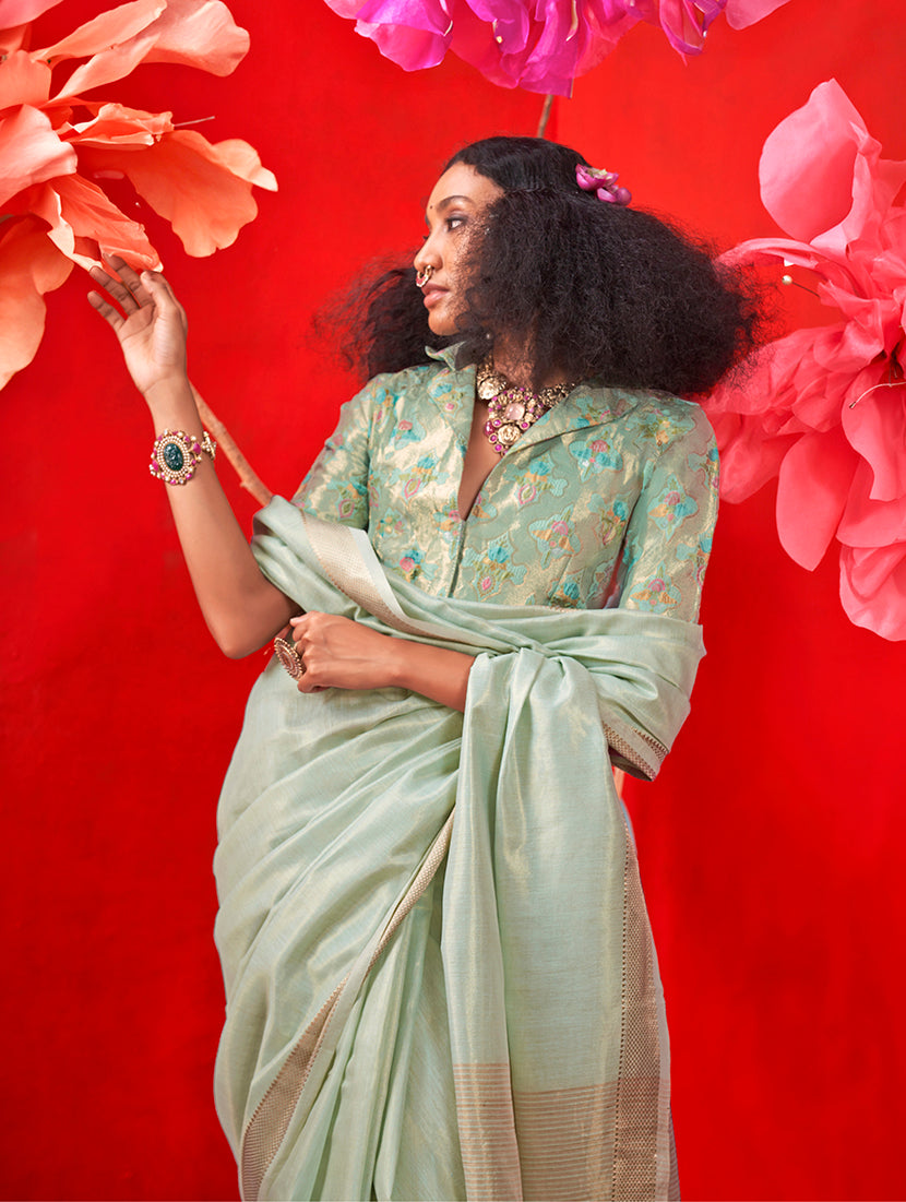 Sea Green Tissue Zari Weaving Contemporary Saree