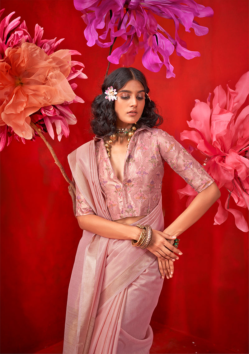 Light pink tissue saree with gold zari weaving details