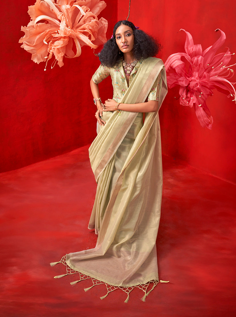 Light Green tissue saree with intricate zari weave border