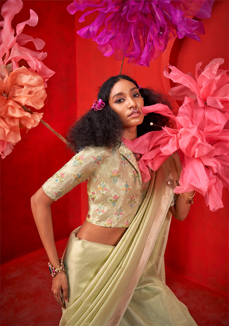 Light Green Tissue Zari Weaving Ceremonial Saree