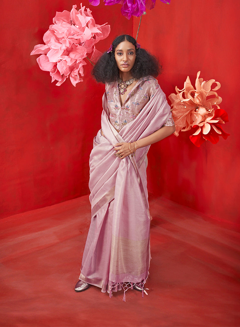 Lavender Tissue Zari Weaving Saree for Ceremonial Style