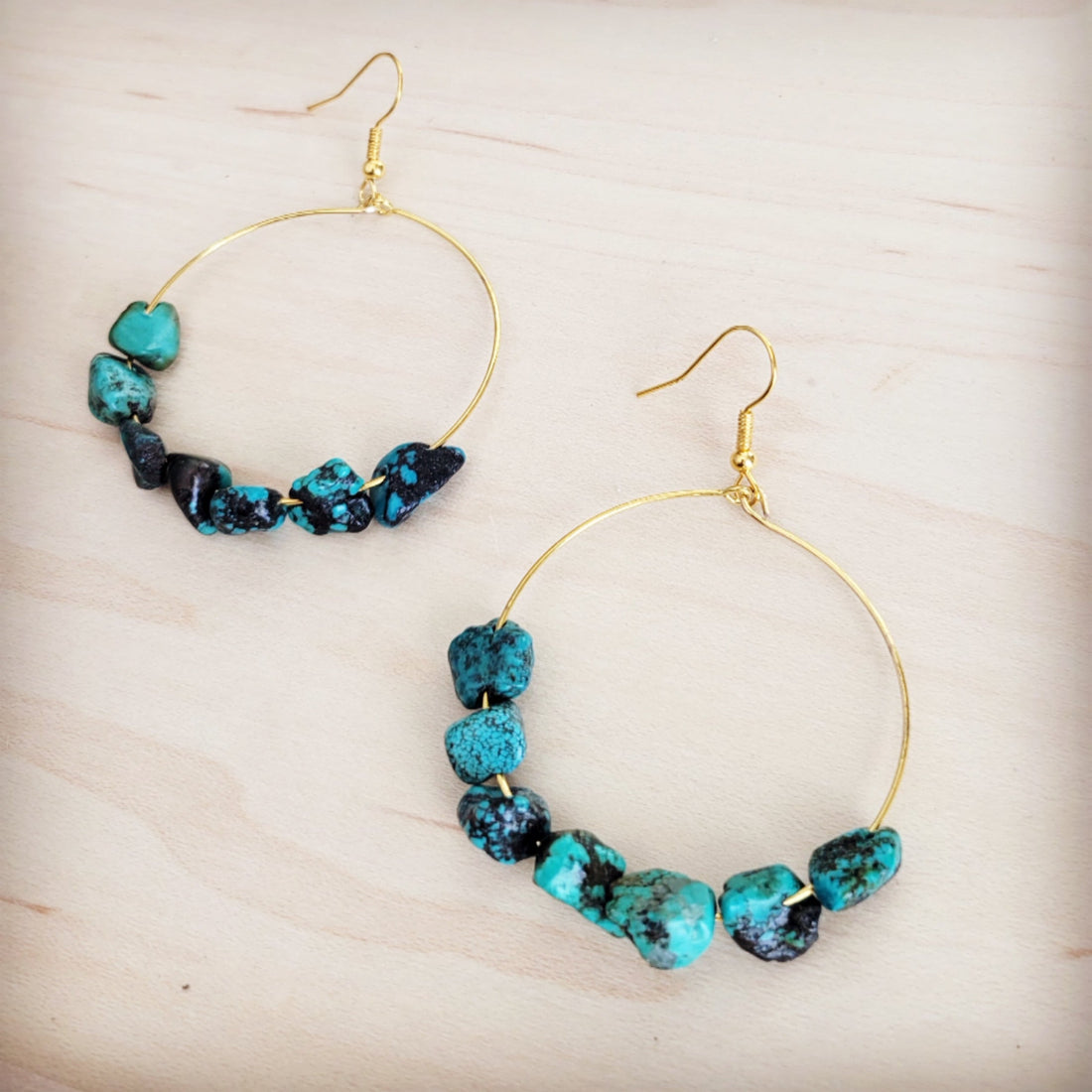Genuine Natural Turquoise Beaded Gold-Tone Hoop Earrings - Image 2