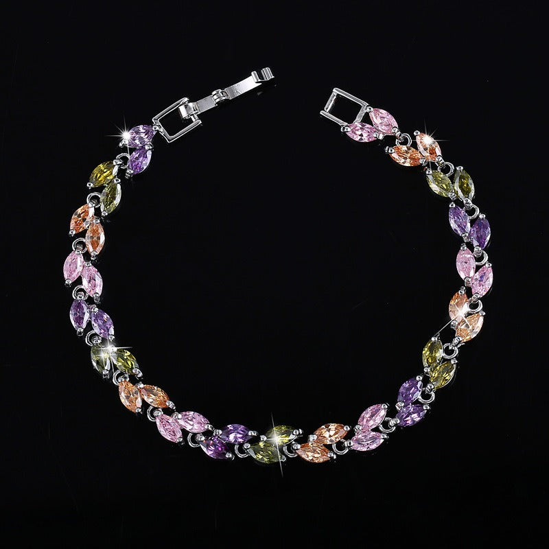 Dainty Leaf Zircon Bracelet in S925 Silver, Nature-Inspired Jewelry