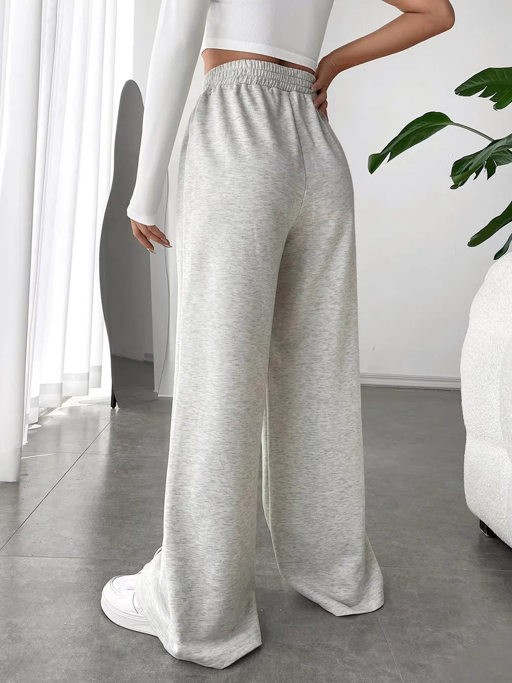 Elastic Waist Wide Leg Pants | Grey Knit Relaxed Fit