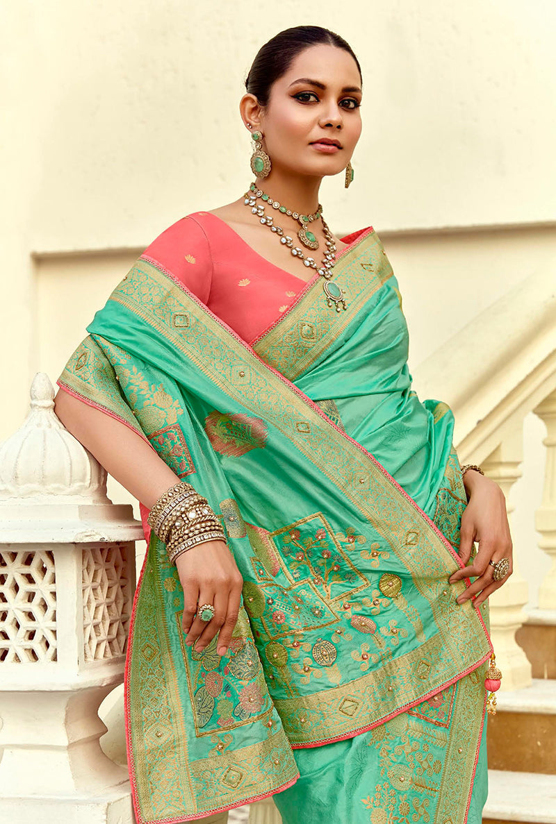 Sea Green Silk Blend Saree with Weaving and Swarovski